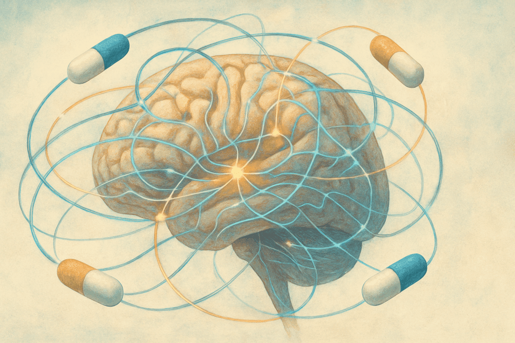 Abstract illustration of interconnected brain circuits with capsules orbiting, symbolizing the complex effects of the best medications for elderly patients with cognitive conditions.