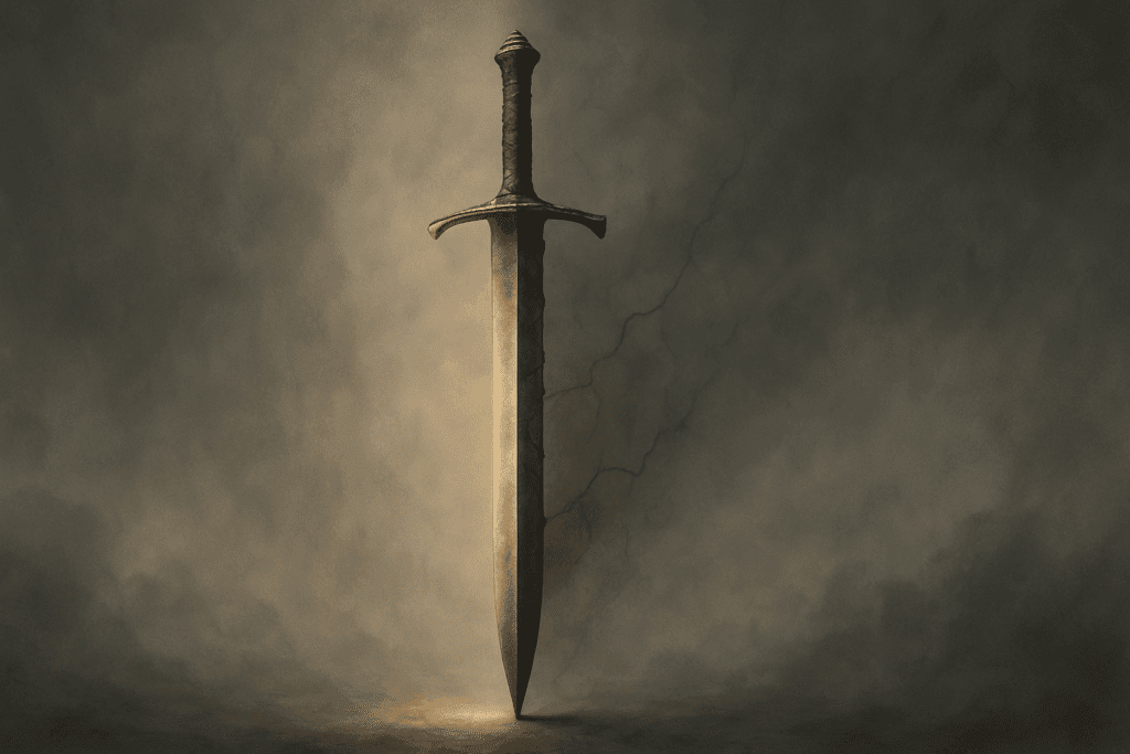 Artistic depiction of a double-edged sword floating in mist, symbolizing the dual nature of the best medications for elderly patients.