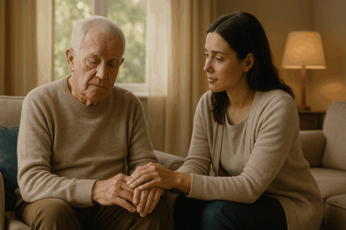 Elderly man with dementia sitting peacefully in a warmly lit living room, supported by a caregiver, symbolizing emotional support and stability for best medications for elderly patients.