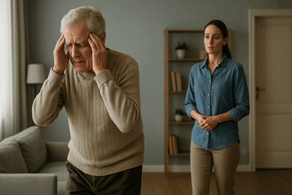 Elderly man showing signs of emotional distress while caregiver observes, illustrating behavioral challenges addressed by best medications for elderly patients.