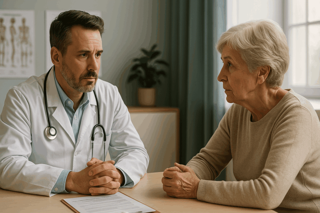 Doctor discussing best medications for elderly patients with a concerned caregiver in a calm medical office setting.