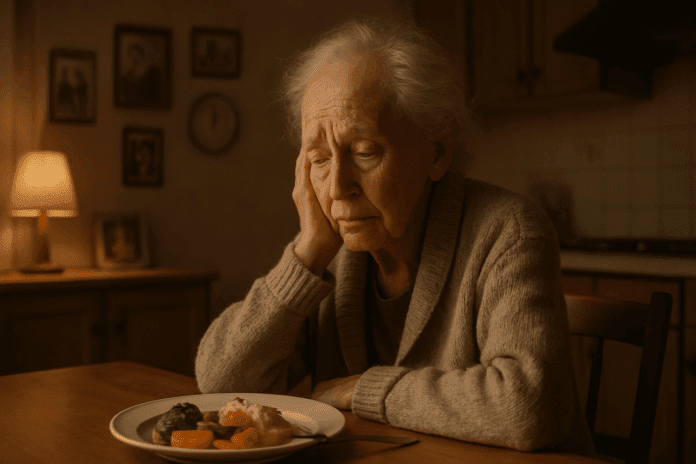 Elderly woman with frail features sitting at a warmly lit kitchen table with untouched food, portraying weight loss in dementia and memory decline.