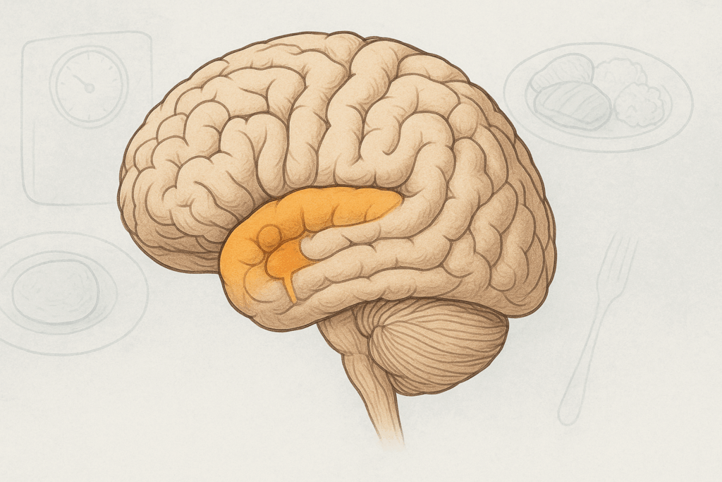 Human brain illustration highlighting the hypothalamus, with faint images of a scale and food, symbolizing weight loss in dementia.