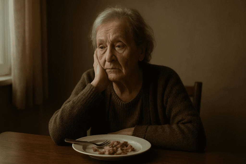 Elderly woman sitting alone at a dining table with a half-eaten meal, illustrating emotional withdrawal and weight loss in dementia.