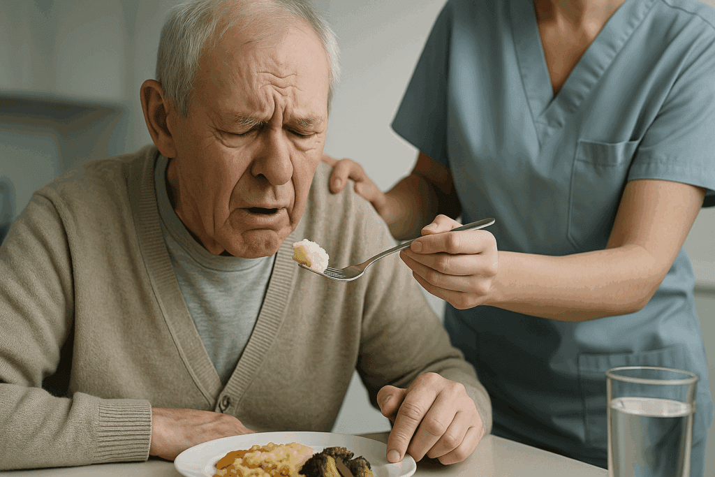 Elderly man struggling to eat with caregiver assistance, illustrating physical difficulty related to weight loss in dementia.