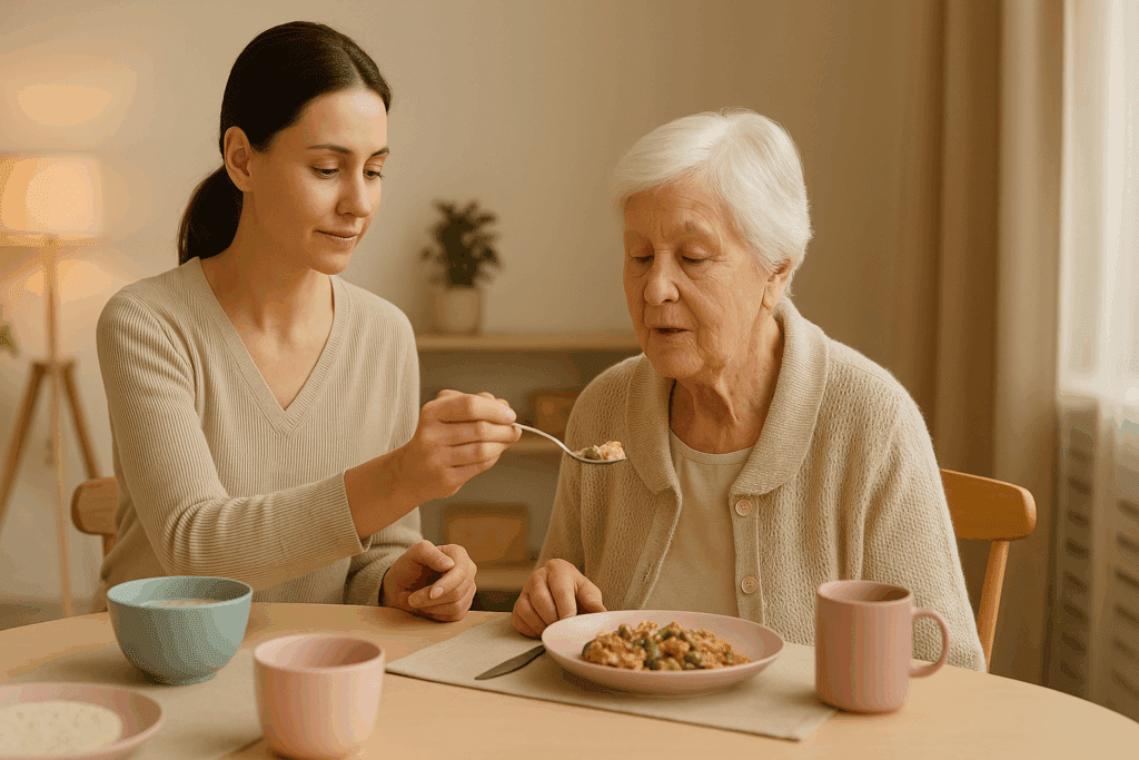 Caregiver gently assisting elderly woman during mealtime in a calm setting, illustrating caregiving support for weight loss in dementia.