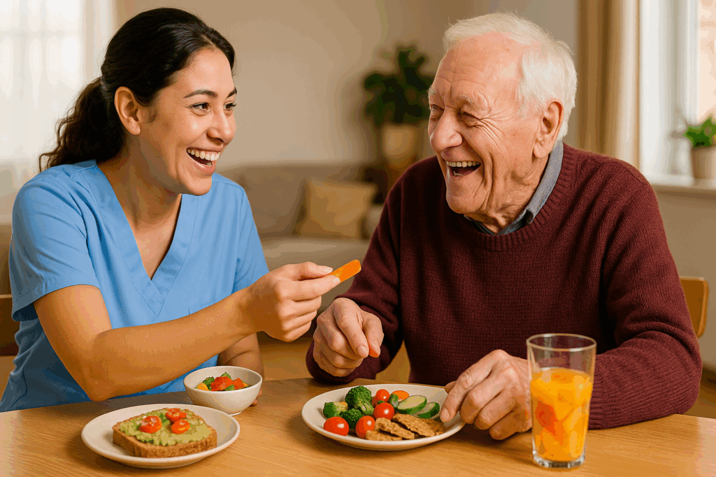 Caregiver smiling and offering finger foods to an elderly man during a nutritious meal, promoting healthy eating to manage weight loss in dementia.
