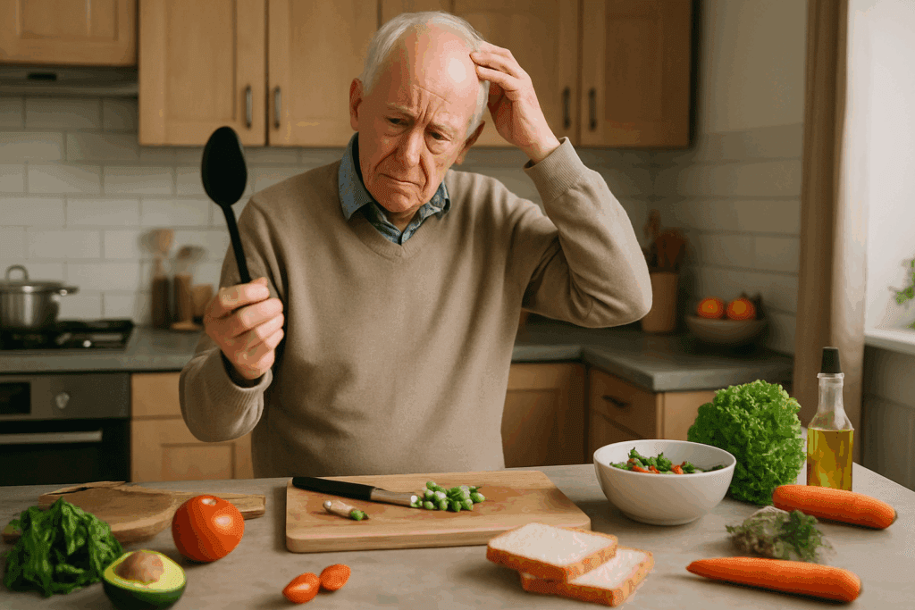 Elderly man with cognitive decline standing confused in a kitchen during meal preparation, illustrating challenges linked to weight loss in dementia.