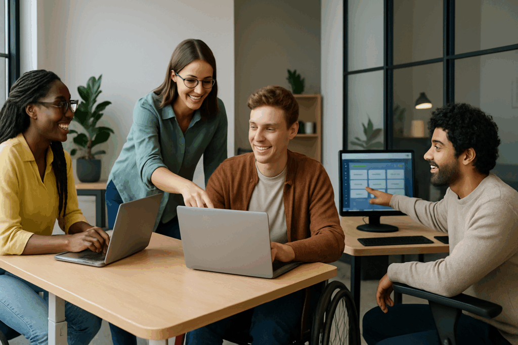 Neurodiverse team collaborating in a modern office with ergonomic desks, quiet workspaces, and task management software, promoting inclusion and innovation while illustrating a list of cognitive disabilities.