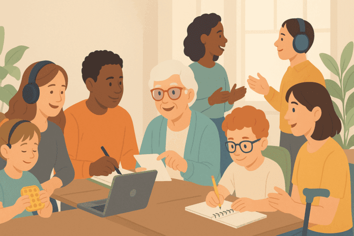 Diverse group of people representing a list of cognitive disabilities, including children, adults, and elderly individuals using assistive devices and sensory tools while learning, working, and socializing in a bright, supportive environment.