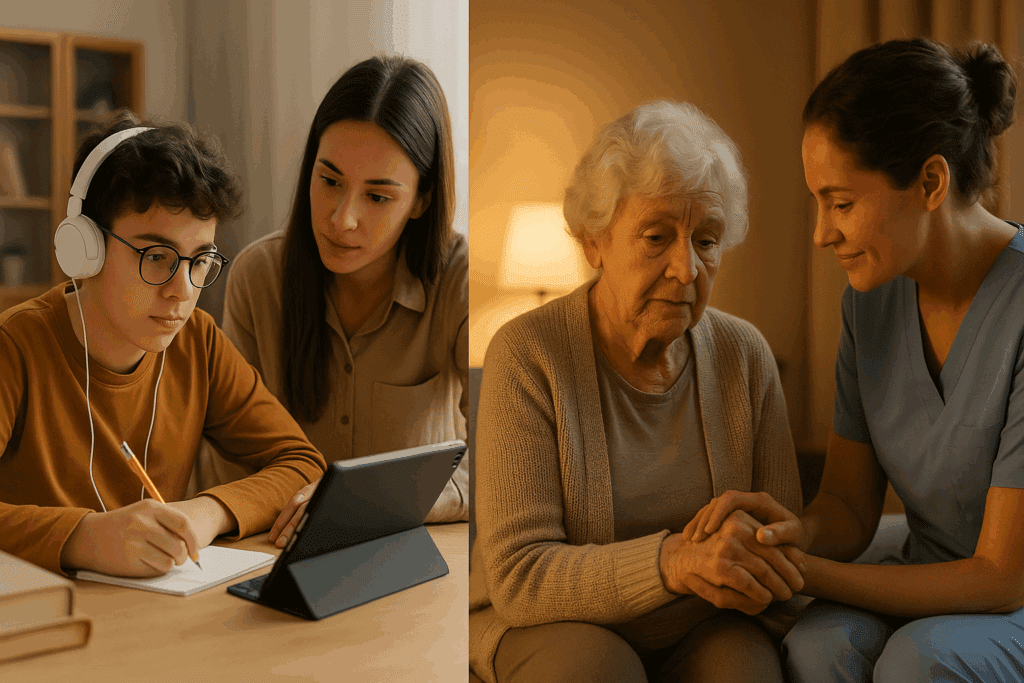 Young student using assistive technology for learning challenges alongside elderly woman receiving memory care support, illustrating a list of cognitive disabilities across different life stages.