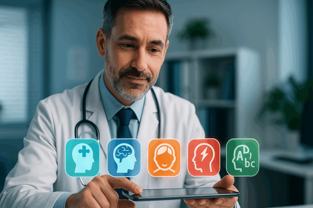 Doctor in a modern clinic reviewing a digital list of cognitive disabilities with icons representing autism, brain injury, Down syndrome, ADHD, and dyslexia.