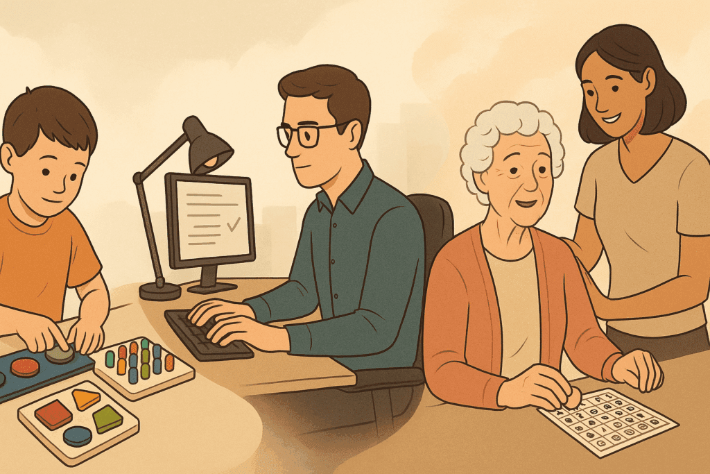 Timeline illustration showing a child using special educational tools, a young adult with workplace accommodations, and an elderly person in social activities with caregiver support, visually representing a list of cognitive disabilities across different life stages.