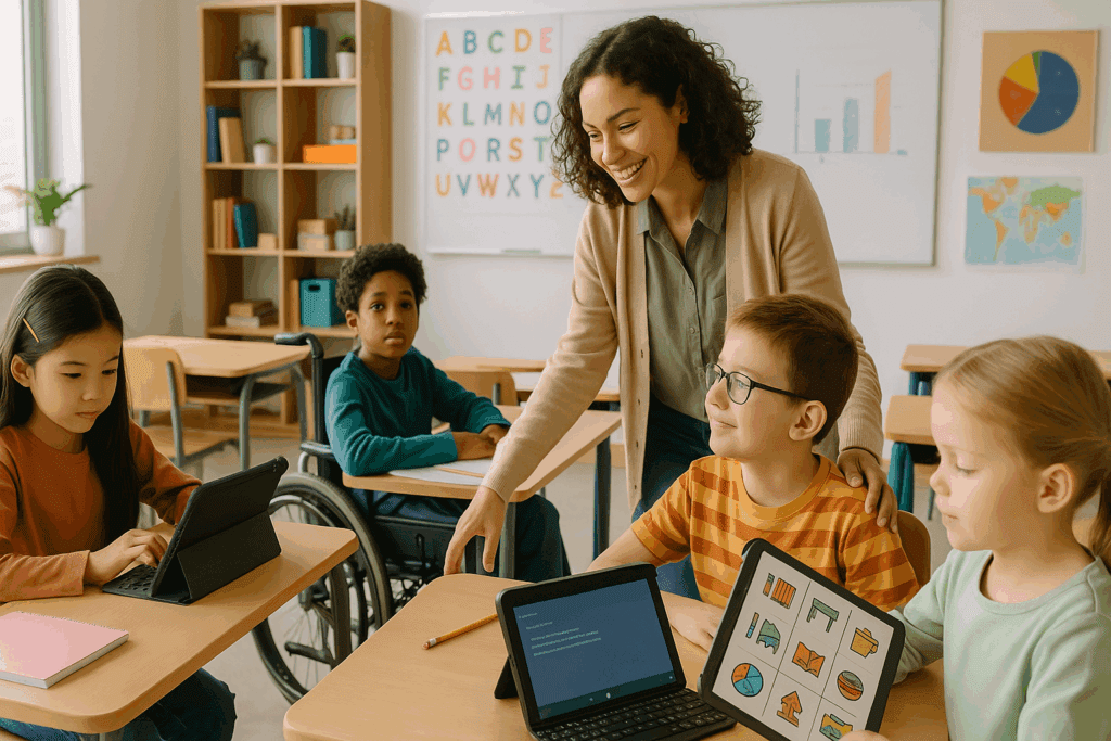 Teacher supporting a diverse group of students using adaptive technologies and learning aids in an inclusive classroom, illustrating the list of cognitive disabilities.
