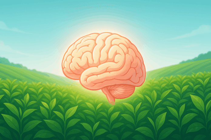 Glowing human brain radiating soft light above vibrant green tea fields under a clear blue sky, symbolizing natural cognitive support with Best L-Theanine Capsules.