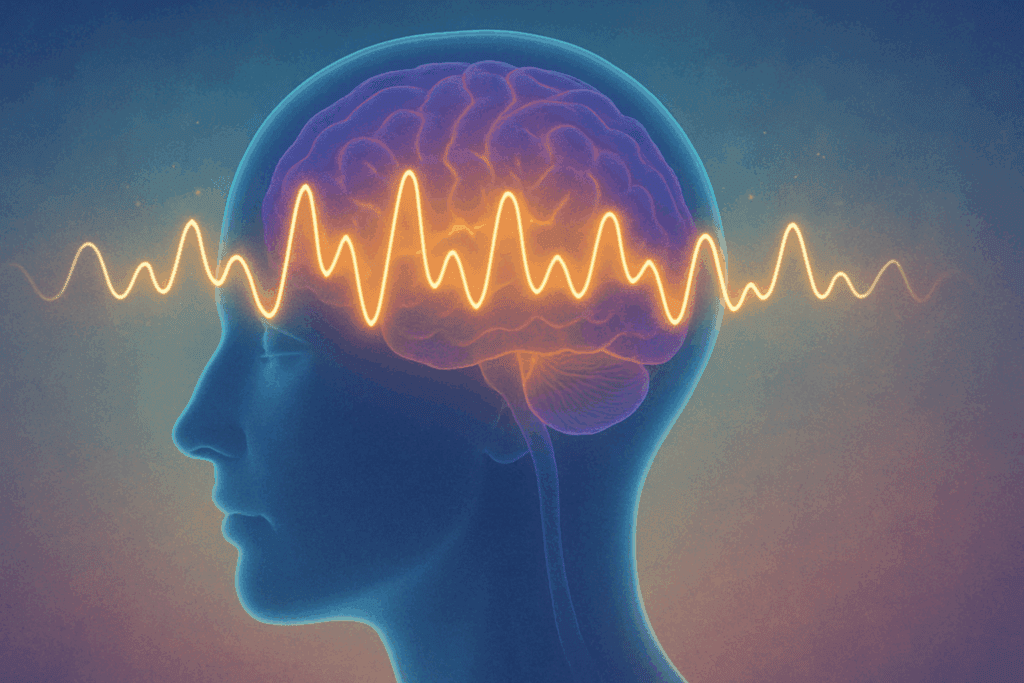 Semi-transparent human head with colorful alpha brainwaves flowing through the brain, symbolizing calm focus and mental clarity from using the Best L-Theanine Capsules.