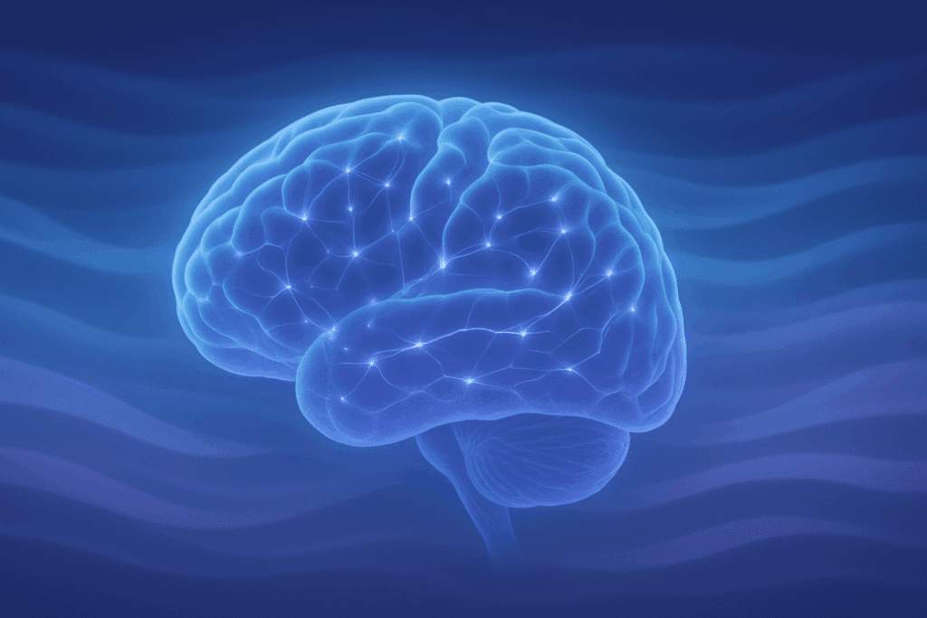 Glowing blue and purple neural network inside a human brain surrounded by calming waves, illustrating emotional balance for Best L-Theanine Capsules.