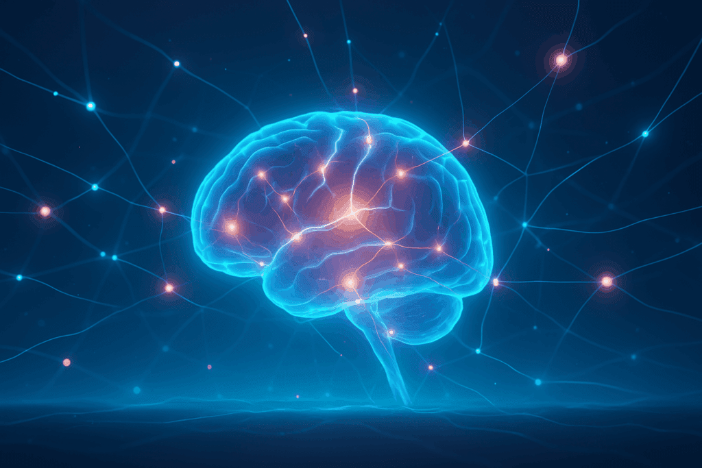 Glowing human brain forming vibrant neural connections in a futuristic digital landscape, symbolizing cognitive growth and benefits linked to Best L-Theanine Capsules.