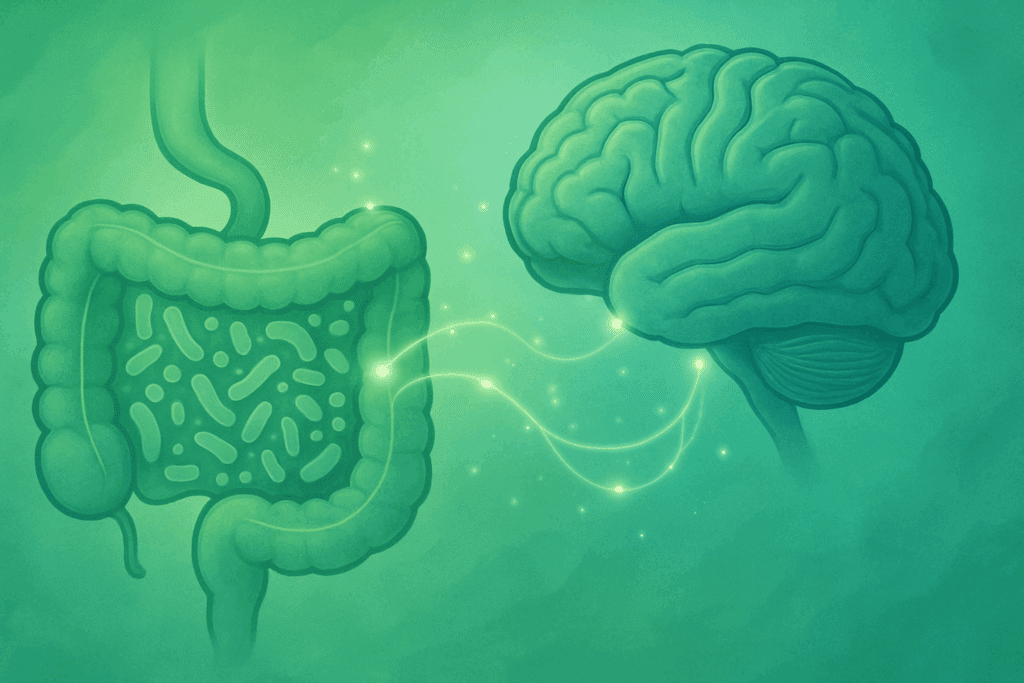 Conceptual illustration of the gut and brain connected by glowing pathways, symbolizing the gut-brain axis and healthy microbiota benefits linked to the Best L-Theanine Capsules