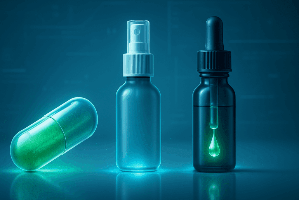 Sleek display of best L-Theanine capsules, an oral spray, and a liposomal dropper against a futuristic, clinical background glowing with energy.