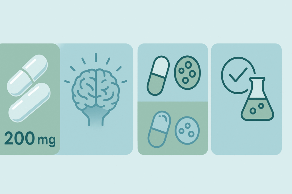 Infographic comparing key features for choosing the Best L-Theanine Capsules, including dosage, purity, bioavailability methods, and added ingredients.