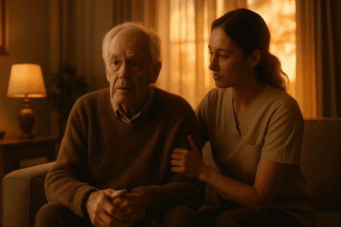 Elderly dementia patient sitting in a warmly lit living room at sunset with a caregiver offering gentle support, illustrating what to do with a violent dementia patient.