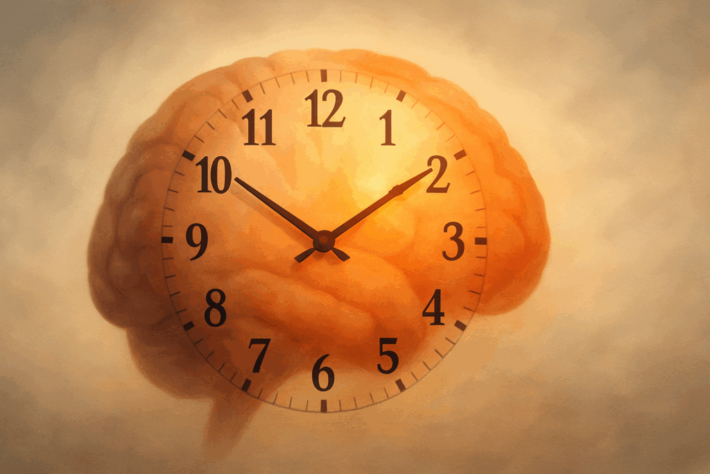 Conceptual illustration of a human brain overlaid with a clock showing evening hours, symbolizing circadian disruption in dementia for what to do with a violent dementia patient.