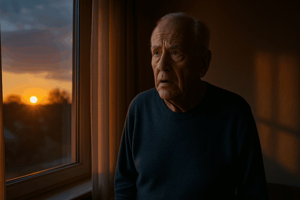 Elderly man with a confused, anxious expression standing by a window at sunset, illustrating what to do with a violent dementia patient during sundowning episodes.