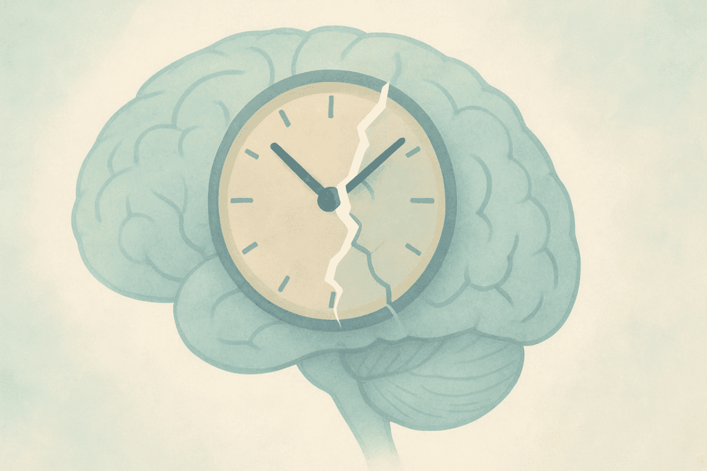 Disrupted circadian rhythm concept with a cracked clock inside a faded brain illustration, symbolizing neurological challenges in understanding what to do with a violent dementia patient.