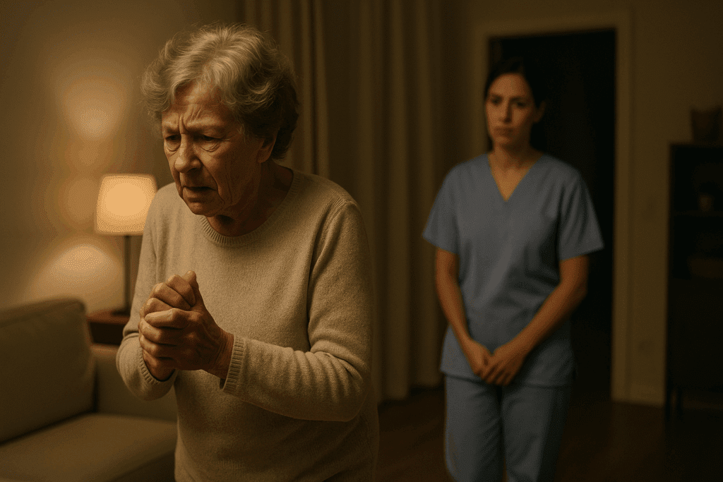 Elderly woman with Alzheimer’s wringing her hands and pacing in a dimly lit living room while a caregiver watches closely, illustrating what to do with a violent dementia patient.
