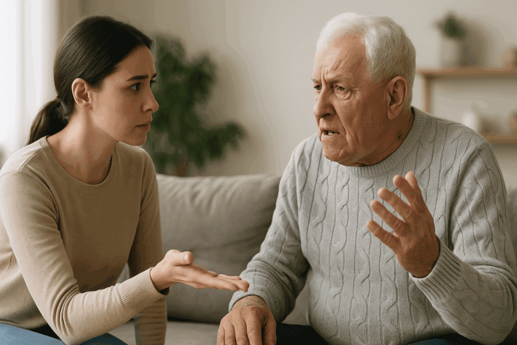 Caregiver calmly reaching out to soothe an agitated elderly man in a safe, supportive environment, illustrating what to do with a violent dementia patient.