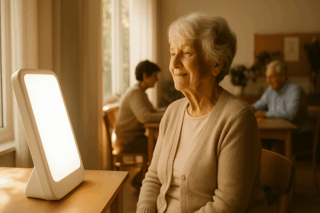 Elderly woman with dementia sitting peacefully by a window during morning light therapy, demonstrating techniques for what to do with a violent dementia patient.