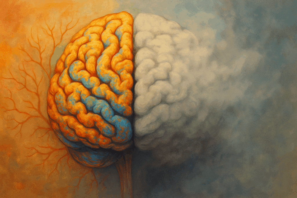 Conceptual illustration of a human brain showing half vibrant and healthy, half fading and foggy, symbolizing early cognitive decline, supporting the theme Can Dementia Be Reversed If Caught Early.