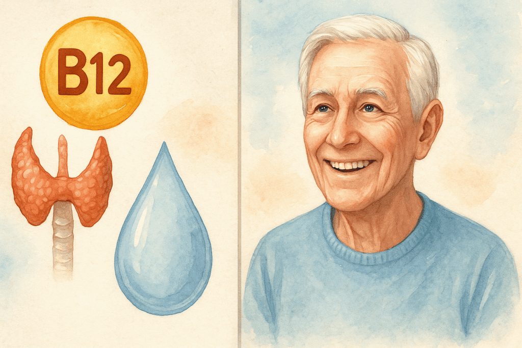 Split medical illustration showing factors like vitamin B12, thyroid, and hydration that answer the question "Can Dementia Be Reversed If Caught Early.