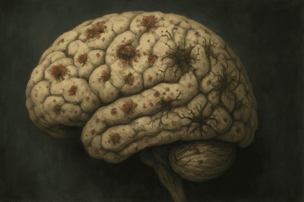 Artistic rendering of a brain with amyloid plaques and tau tangles illustrating cognitive decline, symbolizing the question Can Dementia Be Reversed If Caught Early.