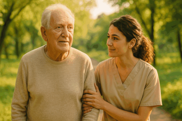 Older man walking with a young caregiver in a sunlit park, symbolizing hope and cognitive renewal for Can Dementia Be Reversed If Caught Early.