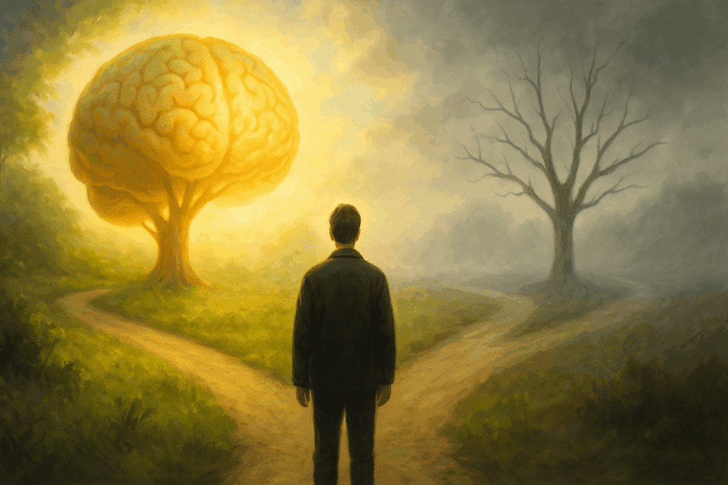 Forked path symbolizing a choice between cognitive decline and brain regeneration, reflecting the question Can Dementia Be Reversed If Caught Early.
