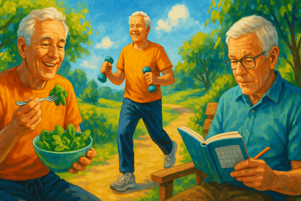 Older adult eating leafy greens, exercising outdoors, and playing a cognitive game, illustrating how healthy habits may answer the question Can Dementia Be Reversed If Caught Early.