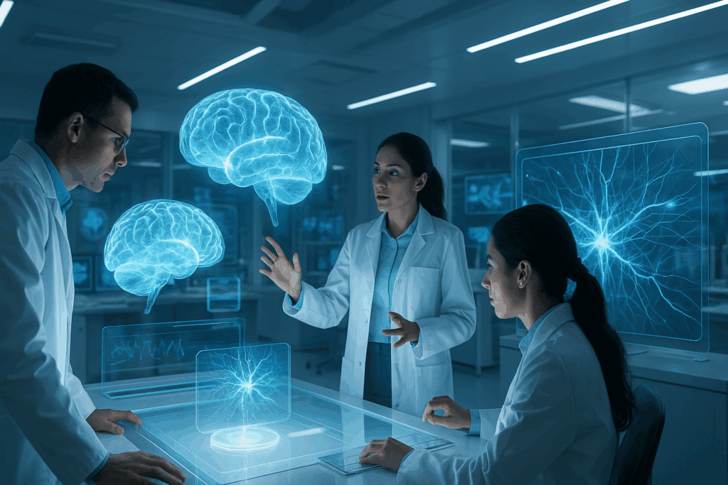Scientists in a futuristic lab analyzing brain holograms and neural pathways with advanced technology, exploring Can Dementia Be Reversed If Caught Early.