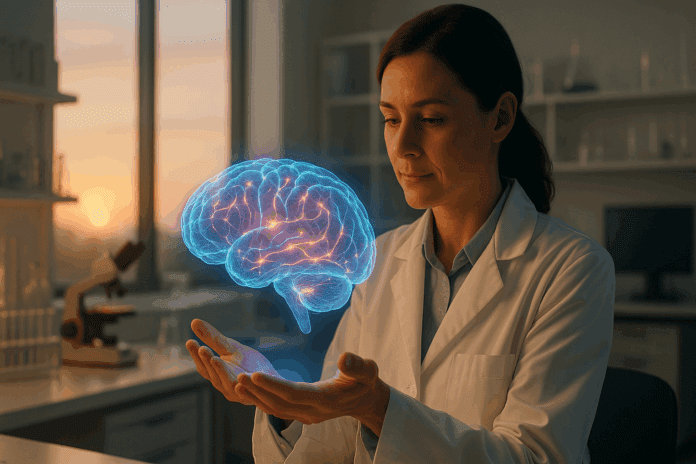 Scientist in a sunrise-lit lab holding a glowing 3D brain hologram symbolizing new dementia treatment innovation.