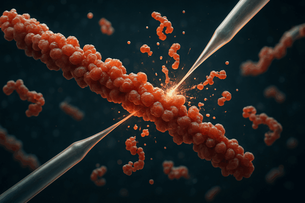 Microscopic view of amyloid-beta fibrils breaking apart under a new dementia treatment using targeted therapeutic agents.