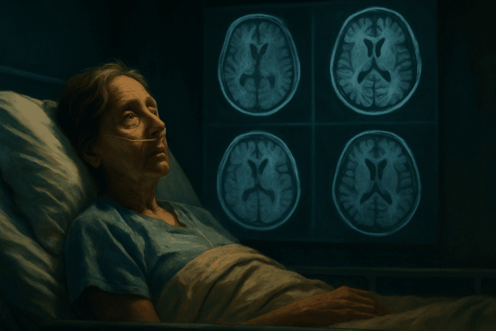 Elderly patient lying in a hospital bed with MRI brain scans glowing behind her, symbolizing monitoring during a new dementia treatment.