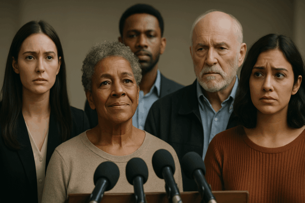 Diverse group of people reacting emotionally at a press conference about a new dementia treatment, some hopeful, others concerned.