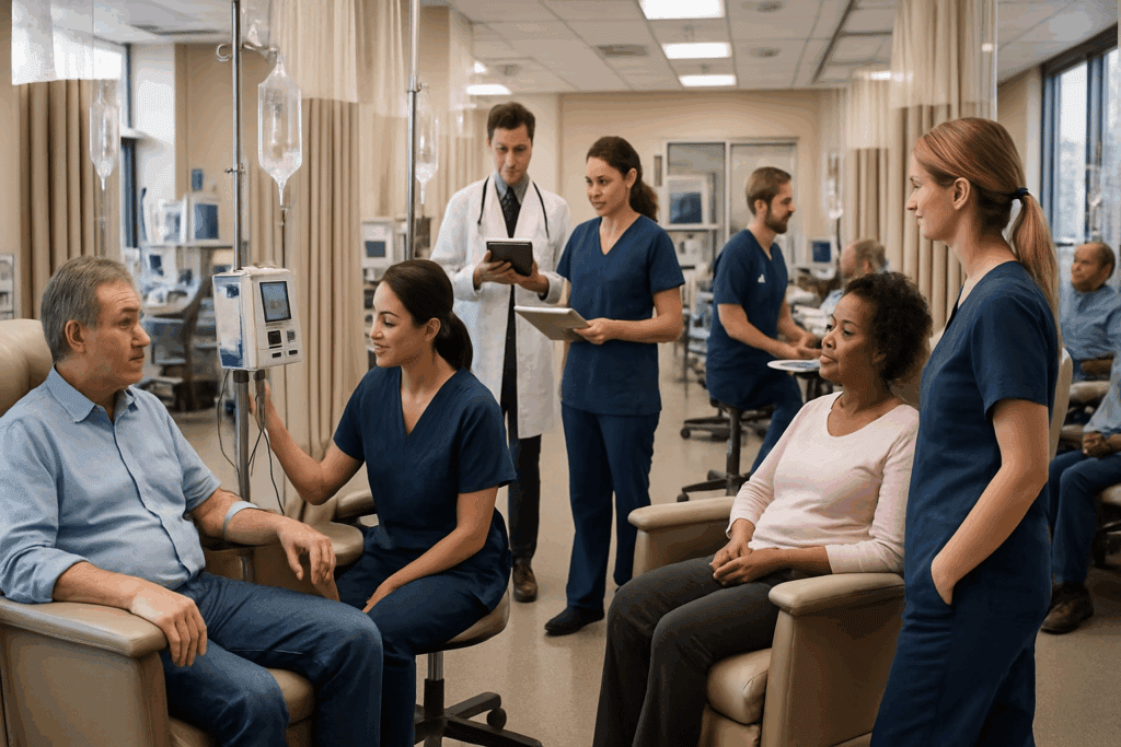 Busy hospital infusion center showing nurses administering IVs to patients during a new dementia treatment.