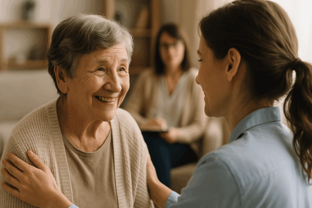 Elderly woman with early-stage Alzheimer’s smiling at her daughter during therapy, symbolizing hope inspired by a new dementia treatment.