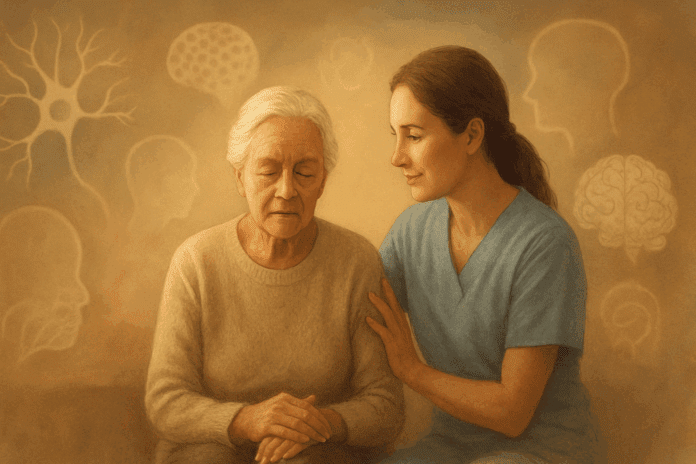 Elderly woman comforted by a caregiver in a warm, serene setting, symbolizing Understanding the Different Types of Dementia through abstract brain illustrations.