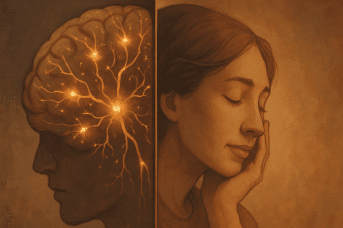 Split image showing the connection between brain health and emotional wellness, symbolizing the complexities of dementia a mental illness.