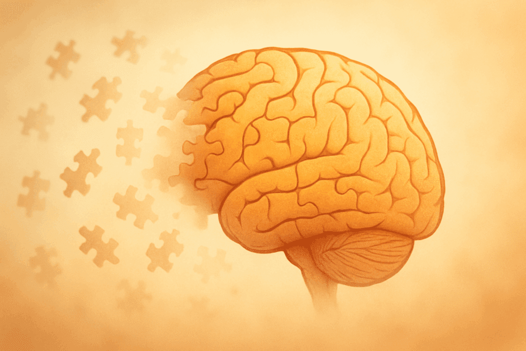 Symbolic illustration of a brain surrounded by dissolving puzzle pieces, representing memory loss in Alzheimer’s disease, supporting the theme Understanding the Different Types of Dementia.