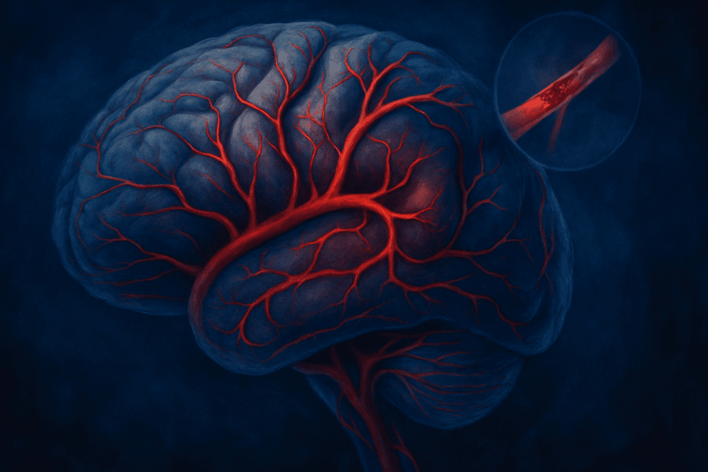 Artistic medical illustration of a human brain with blood vessels and a visible stroke blockage, supporting Understanding the Different Types of Dementia.