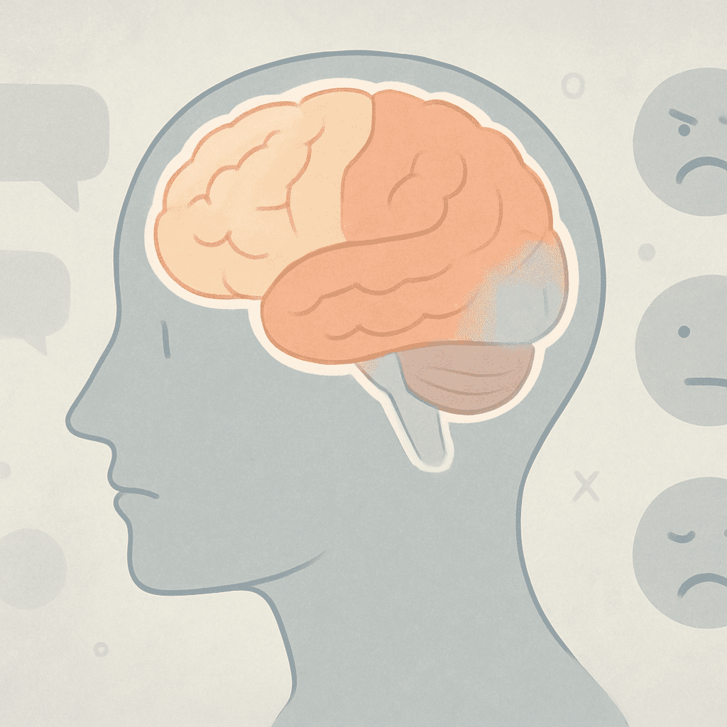 Side-view of a human head highlighting frontal and temporal lobes with fading speech bubbles and emotional faces, illustrating early behavioral changes in frontotemporal dementia for Understanding the Different Types of Dementia.